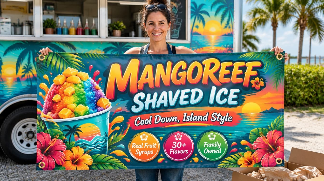 After: the Mangoreef Shaved Ice owner holding open her printed vinyl banner, sharp and full color, with a grommet in every corner, beside her shaved ice trailer