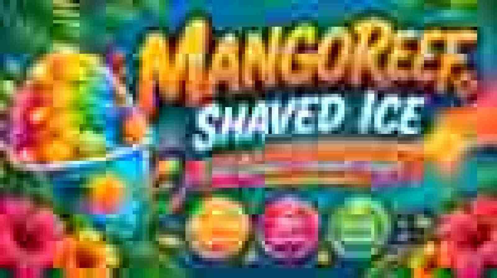 Before: a blurry, pixelated ChatGPT image of a Mangoreef Shaved Ice banner design, with blocky, smeared lettering and small text too blurry to read