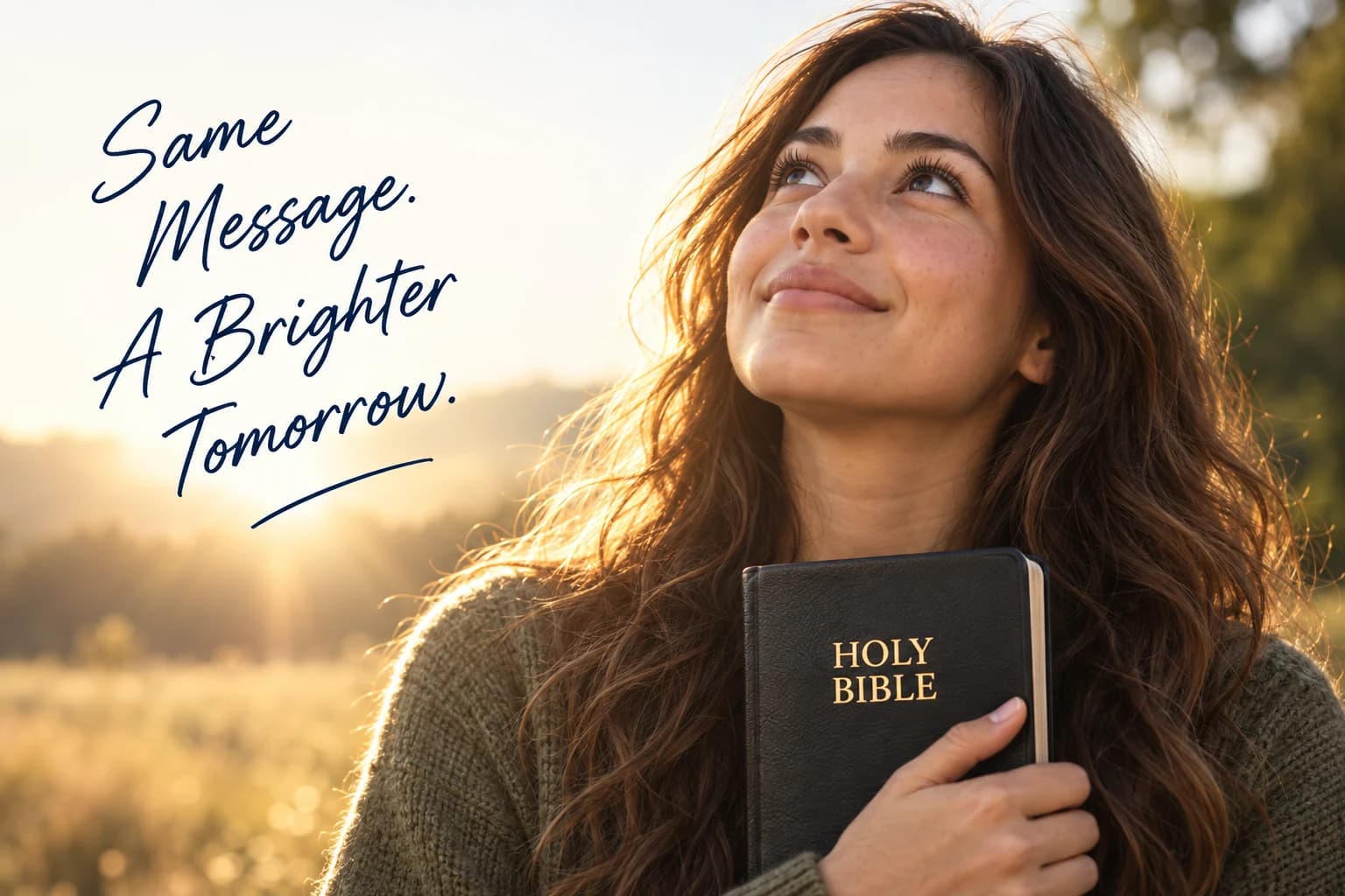 A hopeful woman holding a Bible at sunset with the words, Same Message. A Brighter Tomorrow.