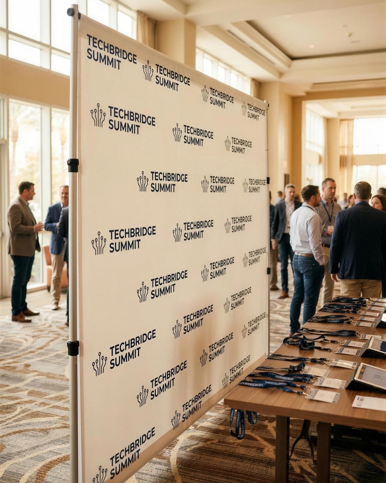 A printed step and repeat backdrop for Techbridge Summit beside a registration table and attendees indoors