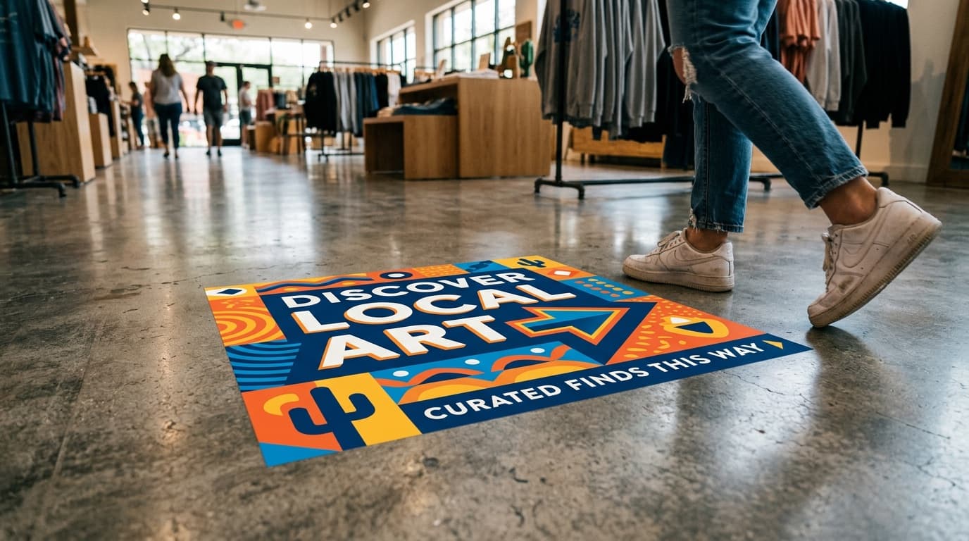 Full-color printed vinyl floor decal applied on a polished concrete floor of a San Antonio retail store