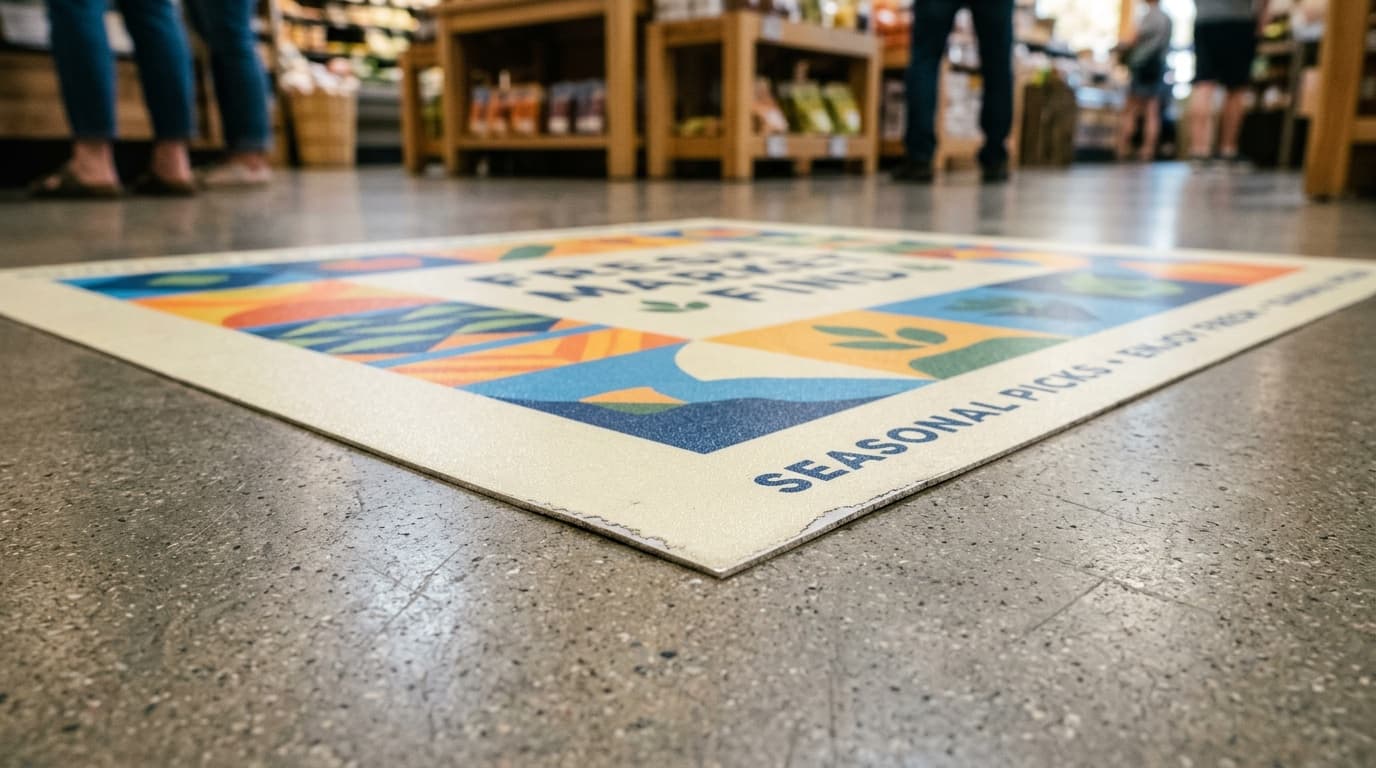 Close-up of a printed anti-slip floor decal with a clean die-cut edge