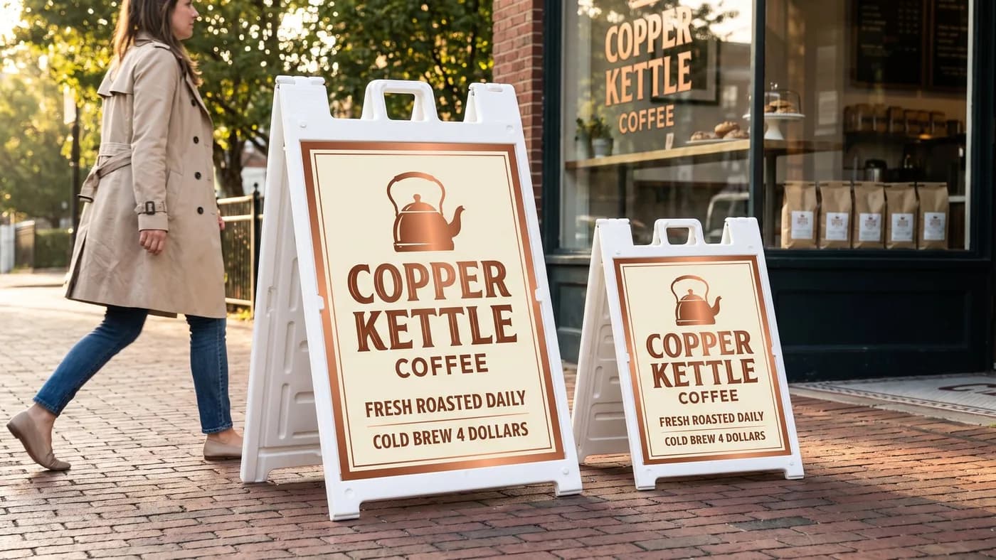 A full color Copper Kettle Coffee 24 x 36 inch white plastic sidewalk A-frame and a smaller 18 x 24 inch A-frame on a brick sidewalk, with a woman walking past for scale