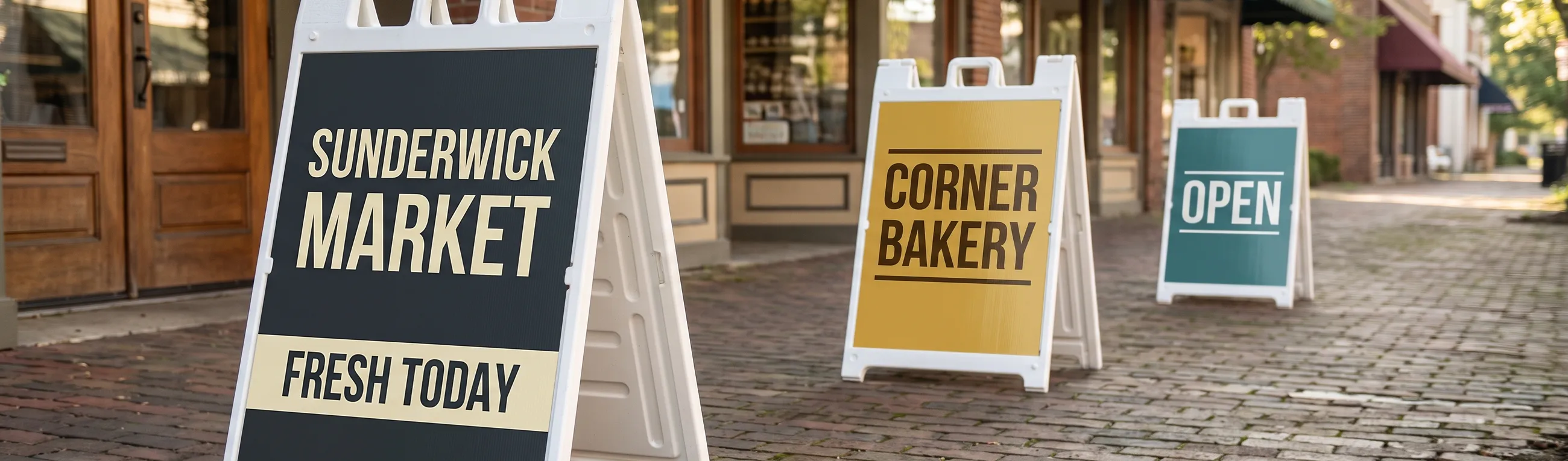 Three white plastic A-frame sidewalk signs at different sizes on a brick sidewalk outside a row of shops, reading Sunderwick Market Fresh Today, Corner Bakery and Open