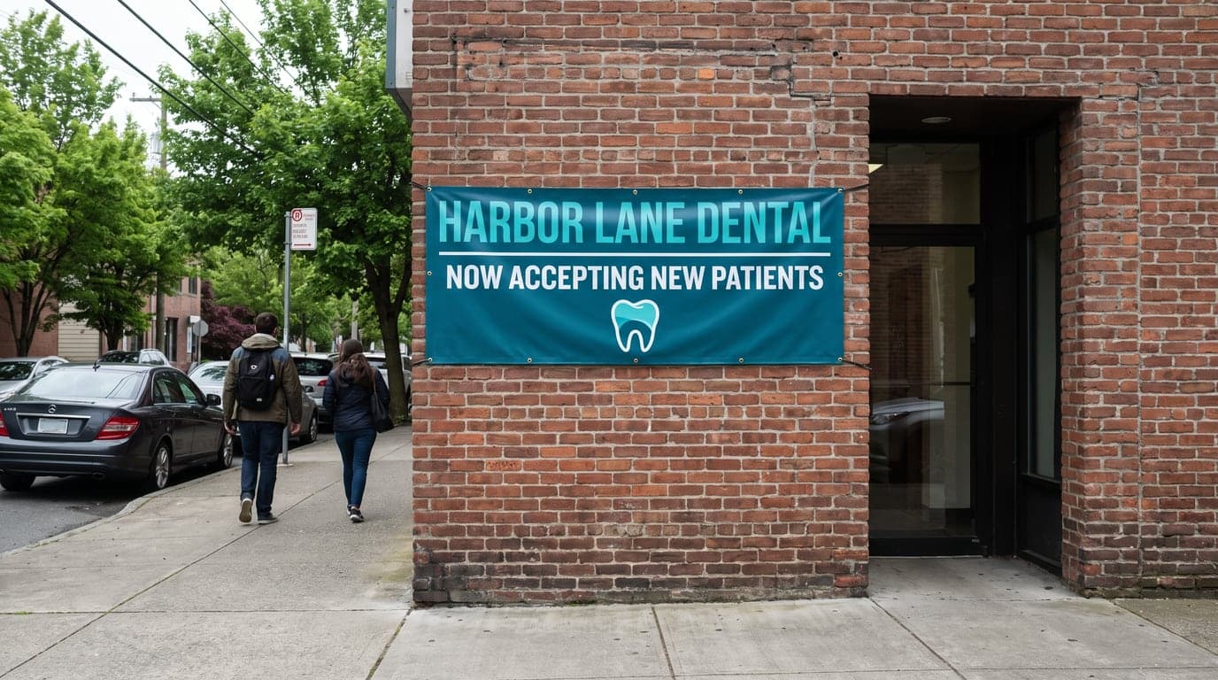 A 6 x 3 ft 13oz vinyl banner with hems and grommets for a dental office, zip tied to a brick storefront wall