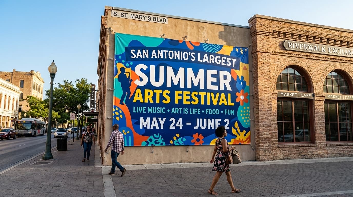 Wide full-color printed vinyl banner stretched across the side of a San Antonio commercial building at golden hour