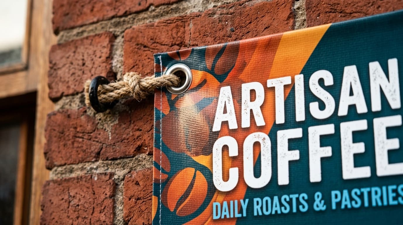 Close-up of a vinyl banner corner with a hem and metal grommet