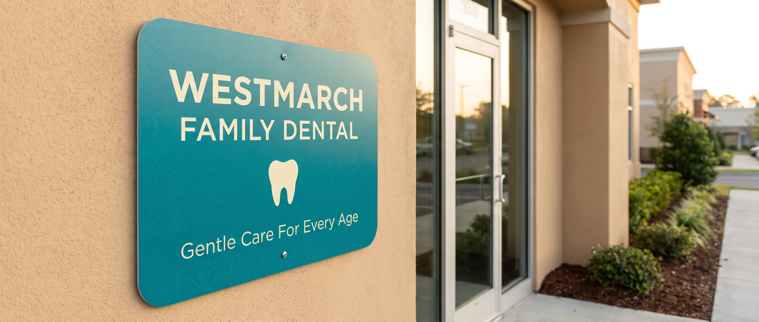 Teal aluminum sign for a family dental office screwed to a beige stucco wall beside the glass entrance door