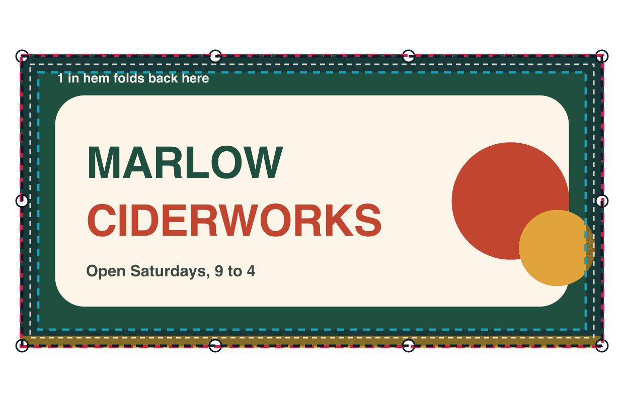 A sample full color 3 x 6 foot banner design for the fictional Marlow Ciderworks with a dashed red bleed line, the finished edge, the hem fold line, grommet positions and a dashed cyan text safe area drawn over it