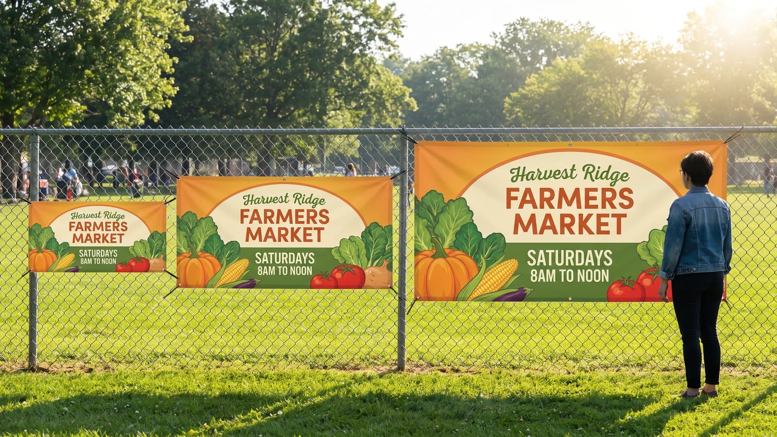 Three full color Harvest Ridge Farmers Market vinyl banners zip tied along a chain link fence at 2 x 4, 3 x 6 and 4 x 8 feet, with a person standing beside the largest banner for scale