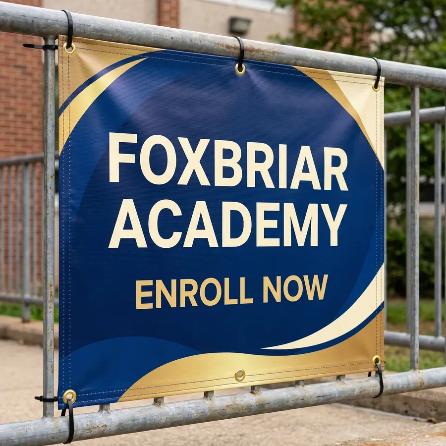 A full color 13oz vinyl Foxbriar Academy enroll now banner zip tied through its grommets to a metal railing