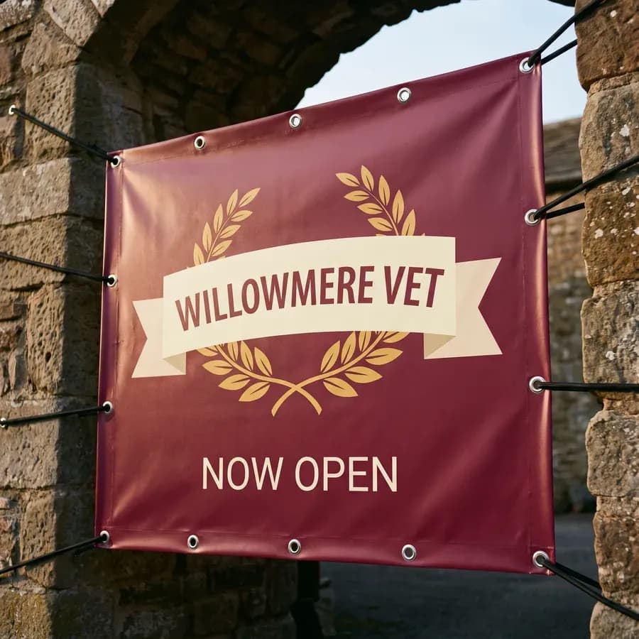 A heavy 18oz vinyl Willowmere Vet now open banner hung on bungee cords across a stone entrance gateway