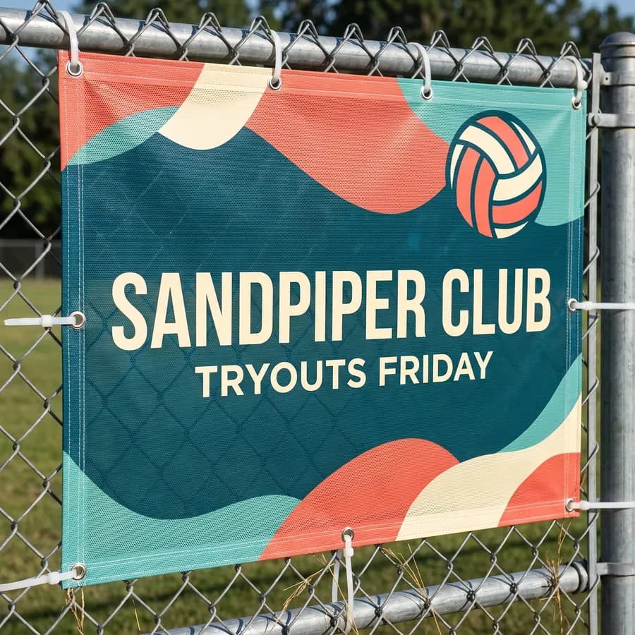A full color perforated mesh Sandpiper Club tryouts banner zip tied to a chain link fence with the mesh weave visible