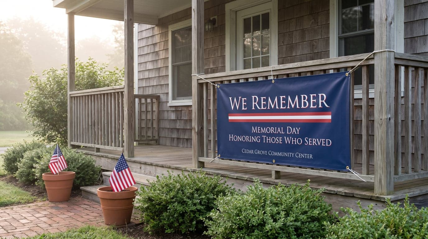 A navy We Remember Memorial Day vinyl banner with grommets hung on a community center porch railing, with small American flags in planters set apart from it