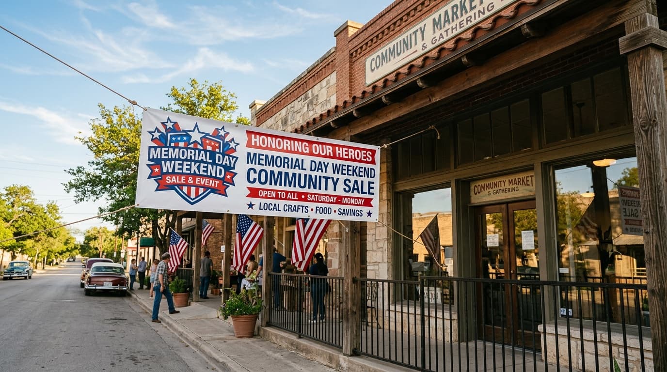 Patriotic red white and blue printed vinyl banner hung across a San Antonio storefront for Memorial Day