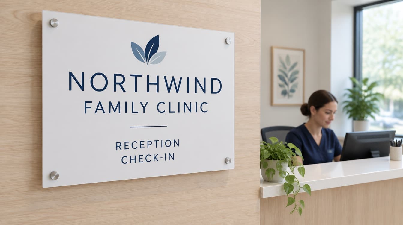 A white foam board sign for a family clinic on silver standoffs at a reception desk