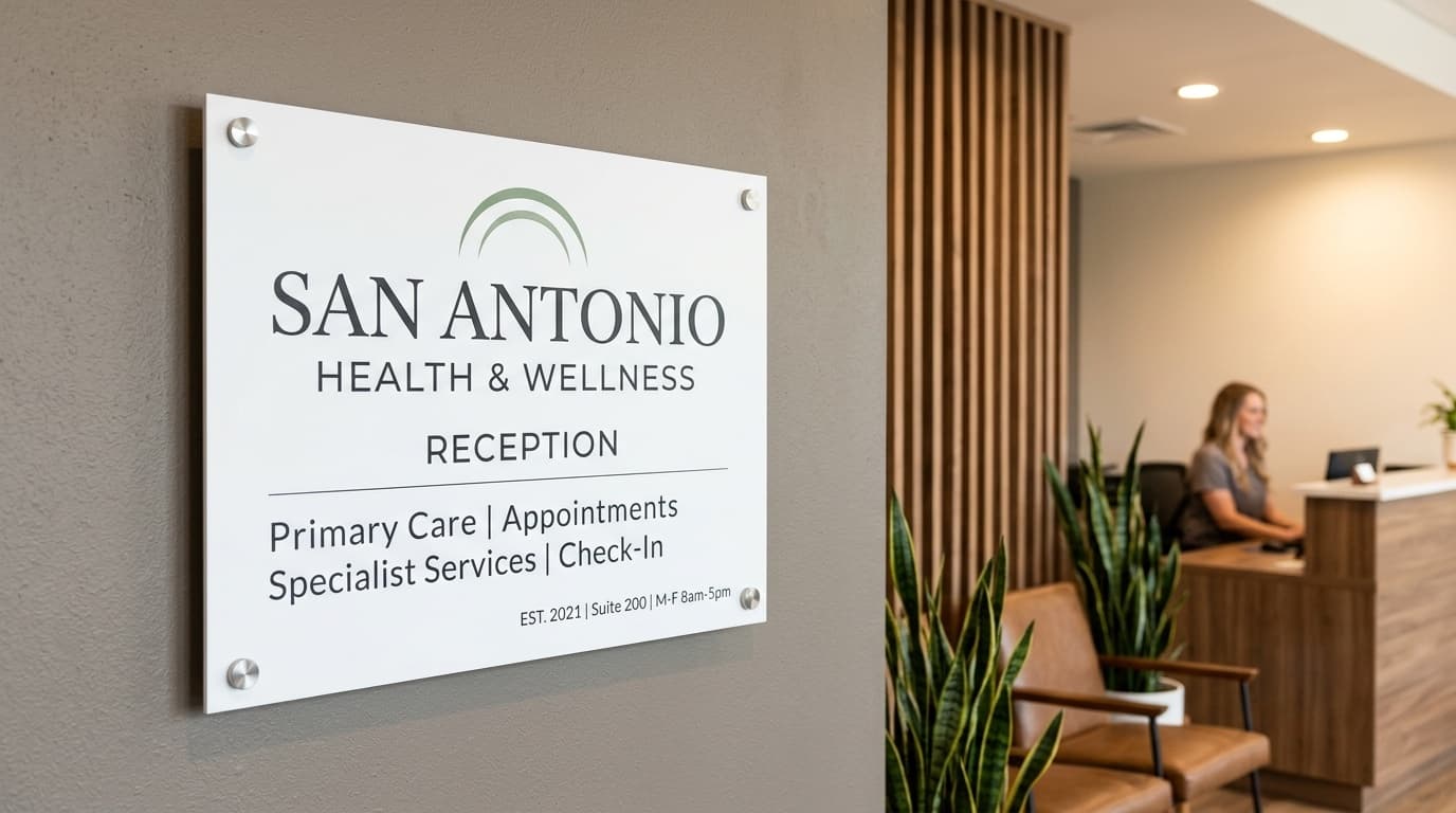 PVC foam board sign with full-color print mounted at the entrance of a San Antonio professional office