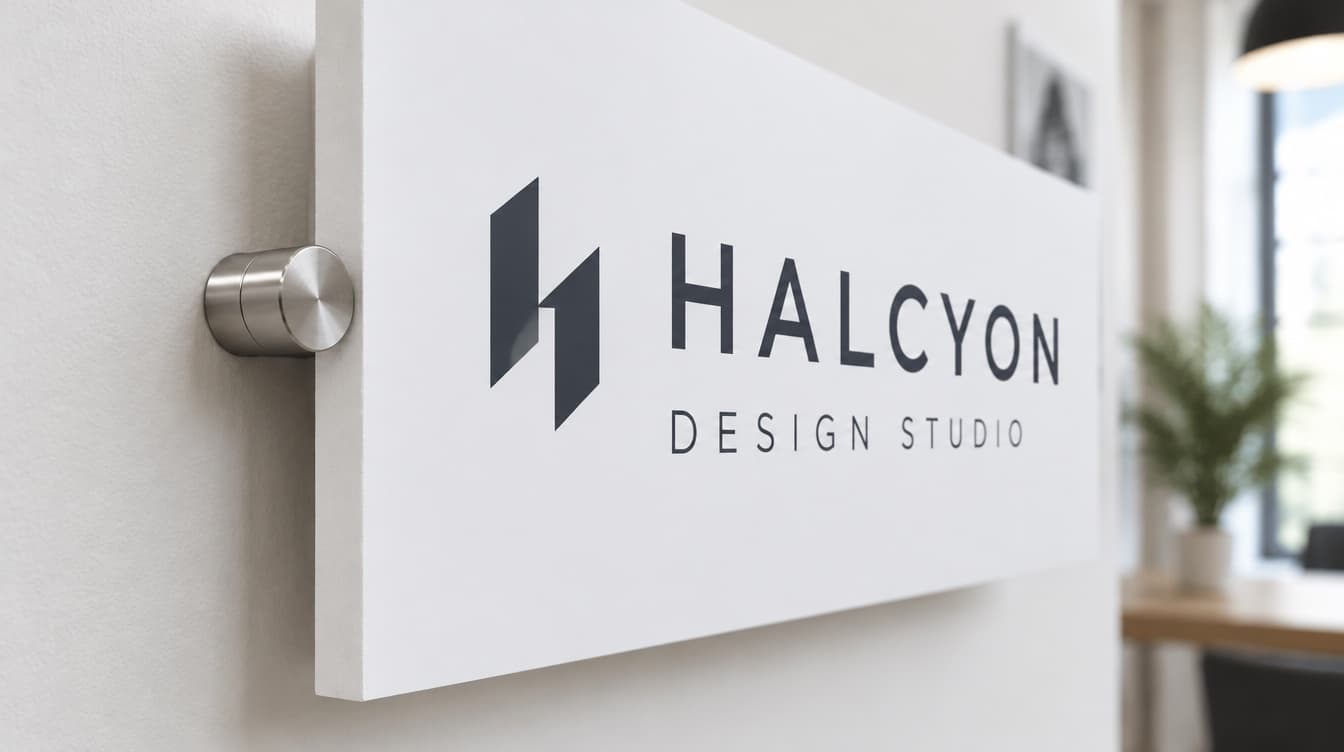 Close-up of a white foam board sign held off the wall by a brushed steel standoff