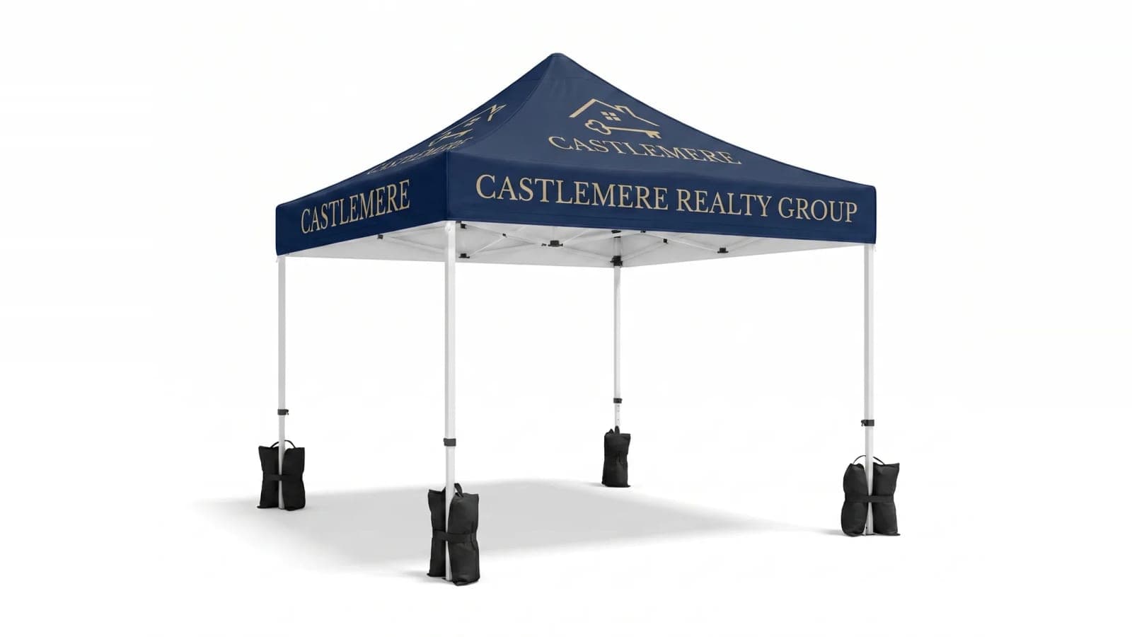 Custom 10 x 10 canopy tent with one sandbag secured at each leg