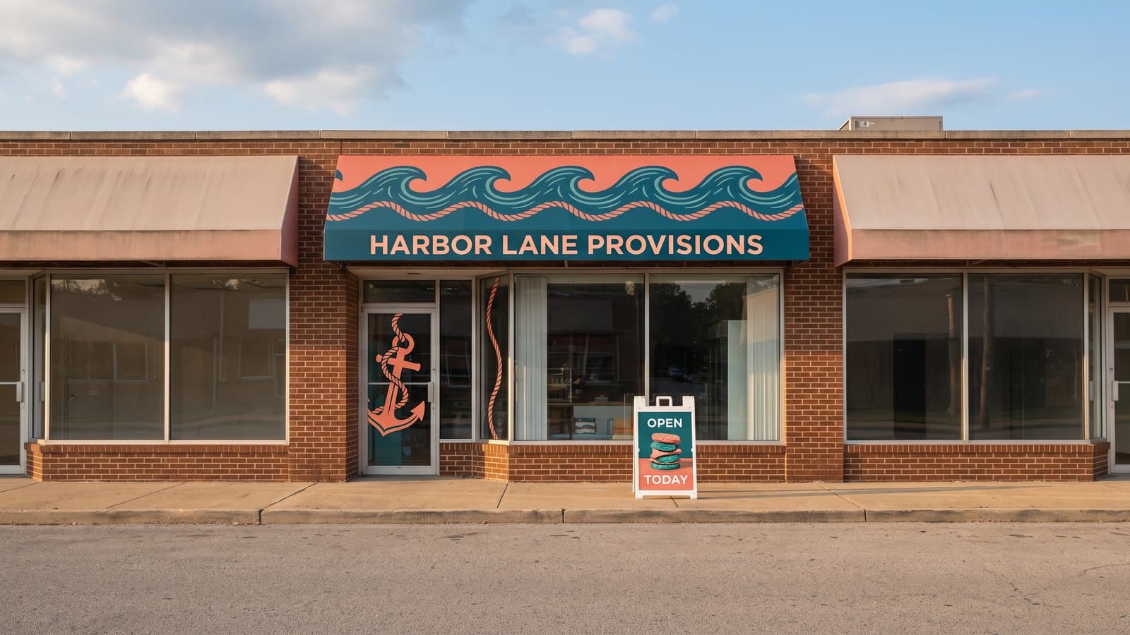 A storefront for Harbor Lane Provisions with a full color awning banner over the door, a window decal on the glass and a printed A-frame sign at the curb