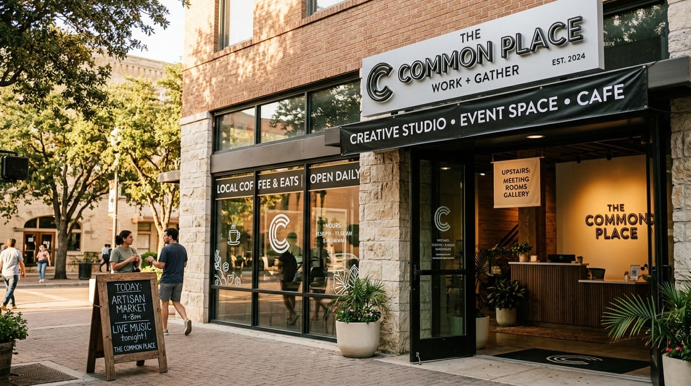 San Antonio storefront with a full suite of indoor and outdoor signage including A-frame, banner, decals, and dimensional sign