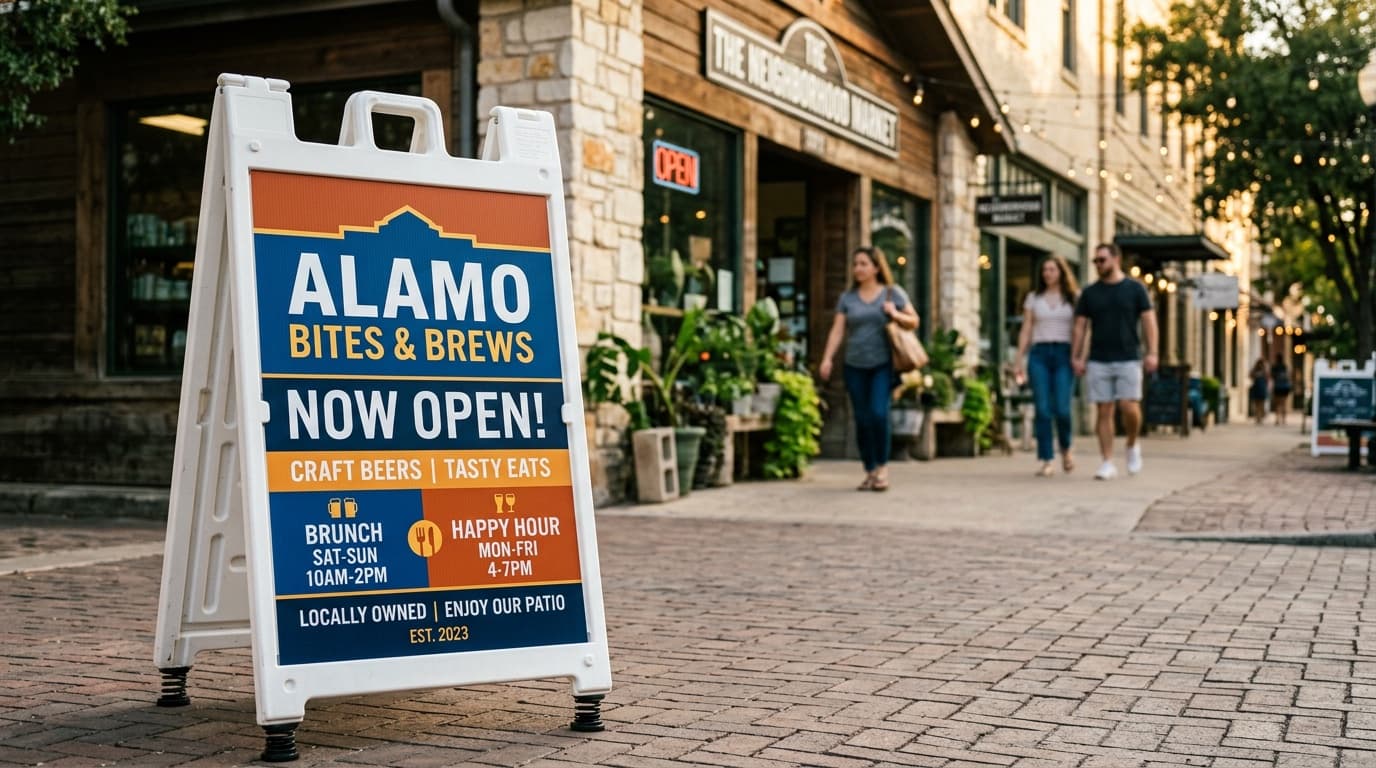 White plastic Signicade A-frame sign with a full-color printed insert promoting a San Antonio restaurant