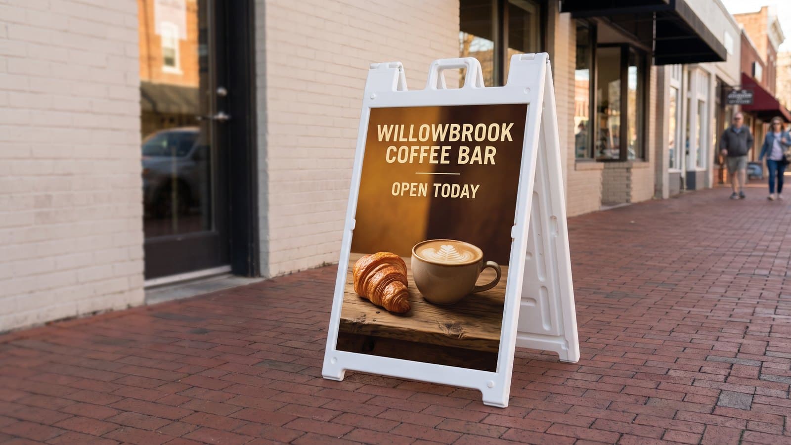 A white plastic A-frame sidewalk sign with a full color printed insert for Willowbrook Coffee Bar standing on a brick sidewalk a few steps ahead of a shop door