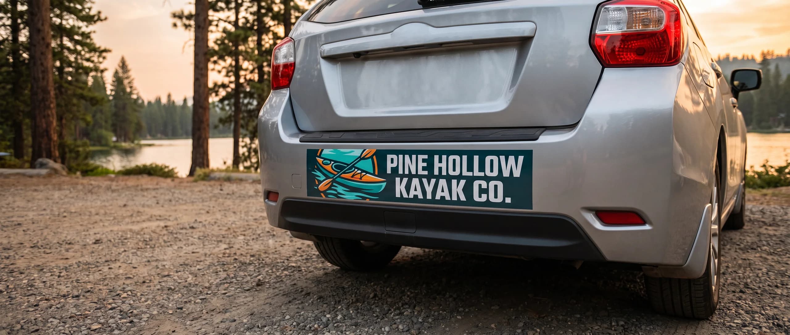 Teal kayak company bumper sticker on the rear bumper of a silver hatchback parked by a lake at sunset
