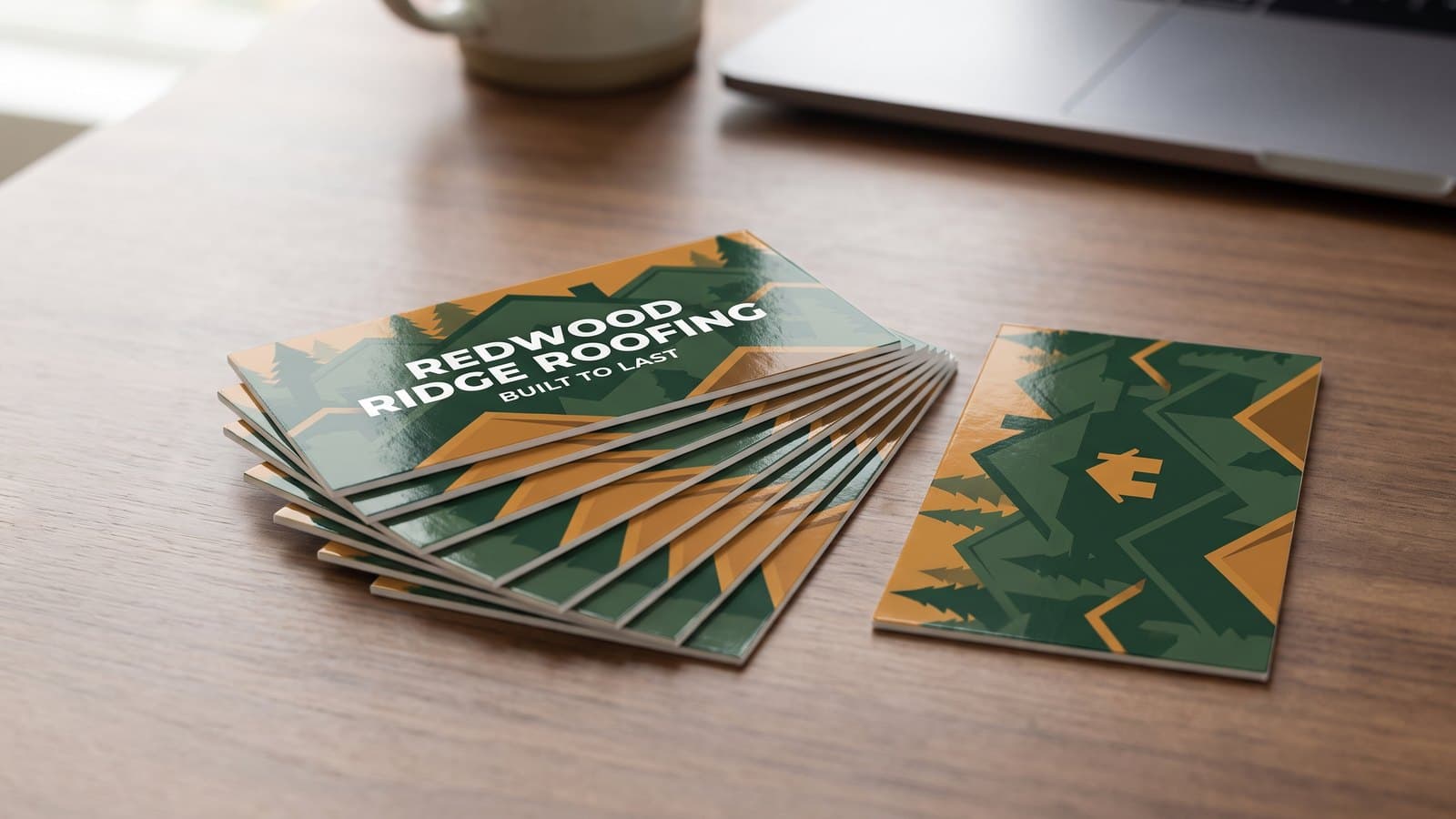 A fanned spread of full color printed business cards for Redwood Ridge Roofing on a walnut desk, the top card face up beside one card turned to show its printed back
