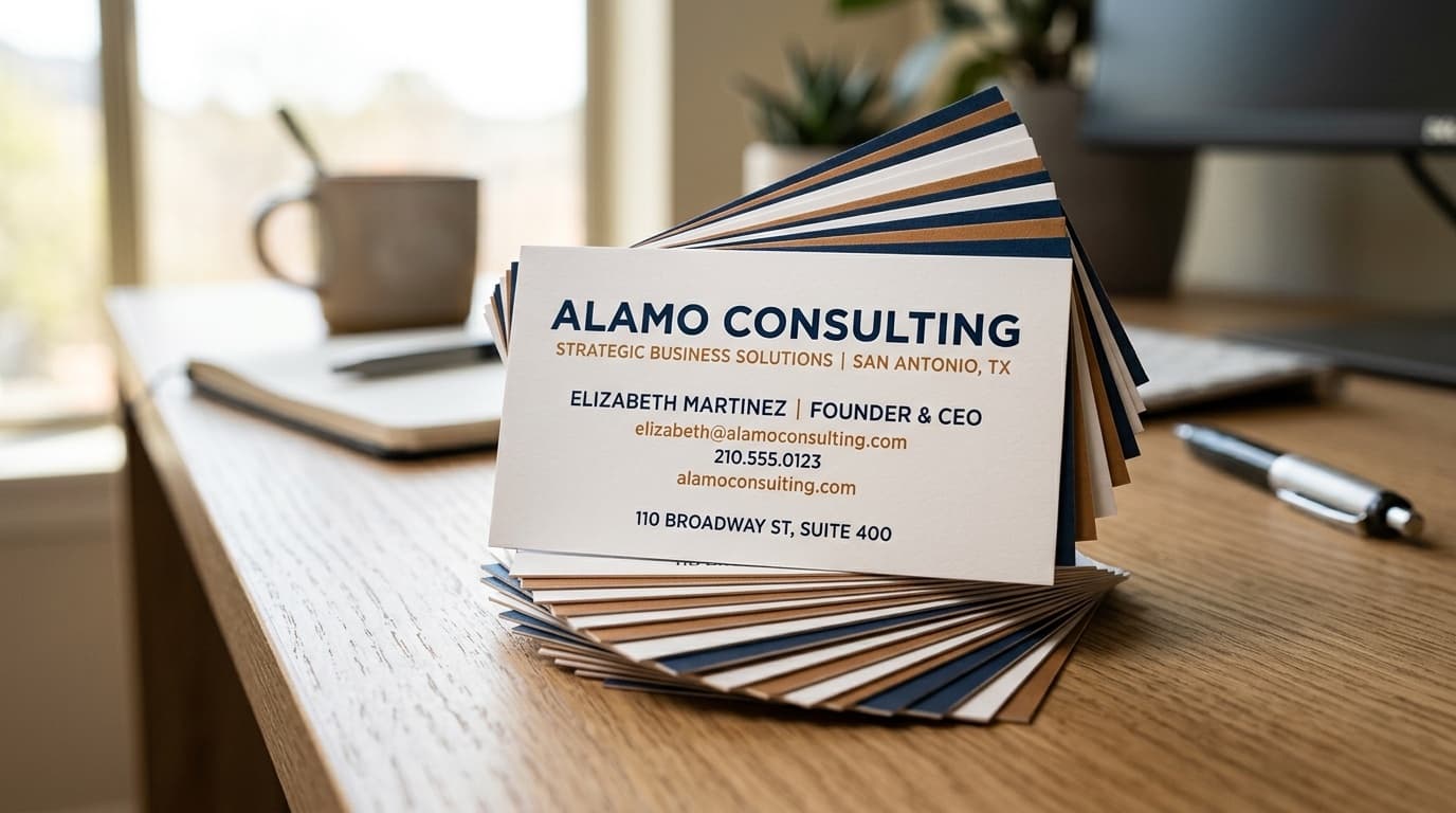 Stack of premium professionally printed business cards on a clean modern desk in soft natural light