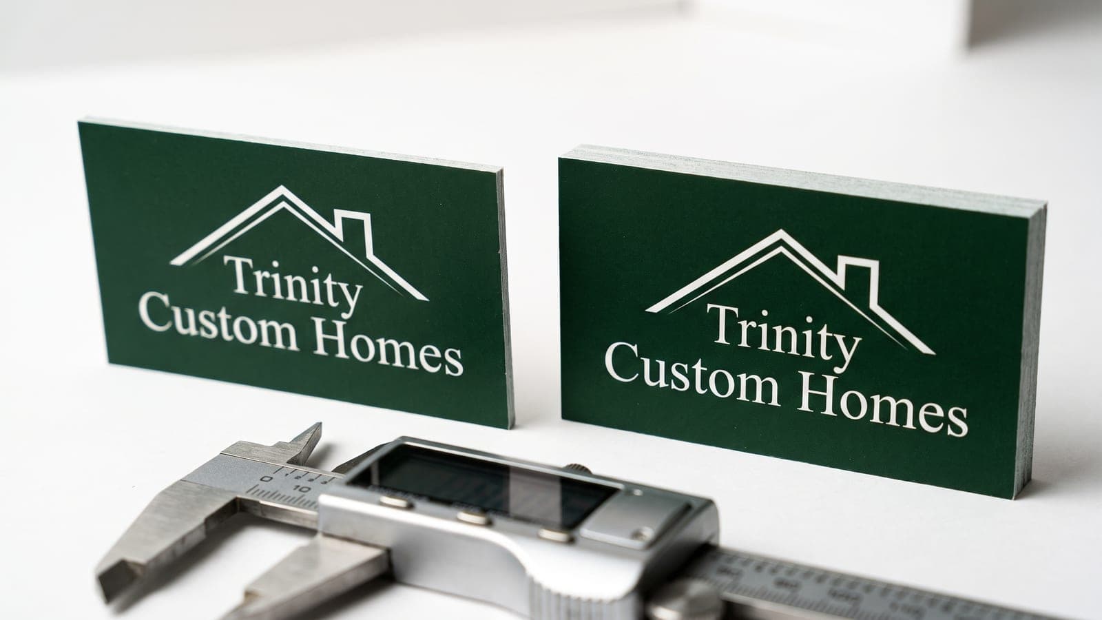 Two full color green Trinity Custom Homes business cards standing on edge side by side on a white surface with a digital caliper resting in front of them