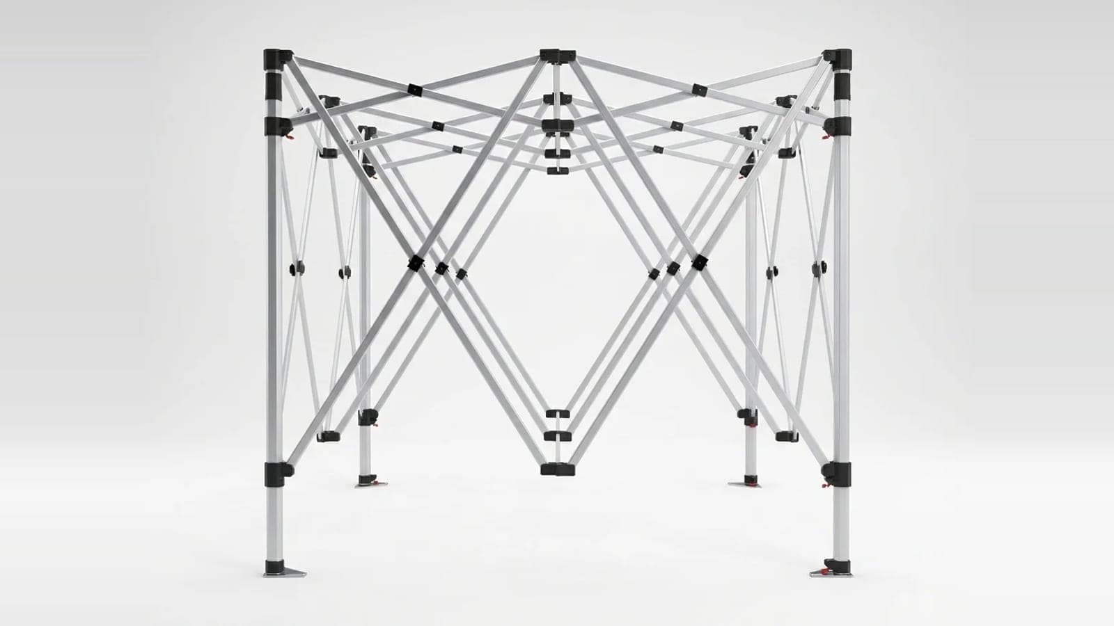 Bare 10 x 10 pop-up canopy frame showing its legs and folding structure