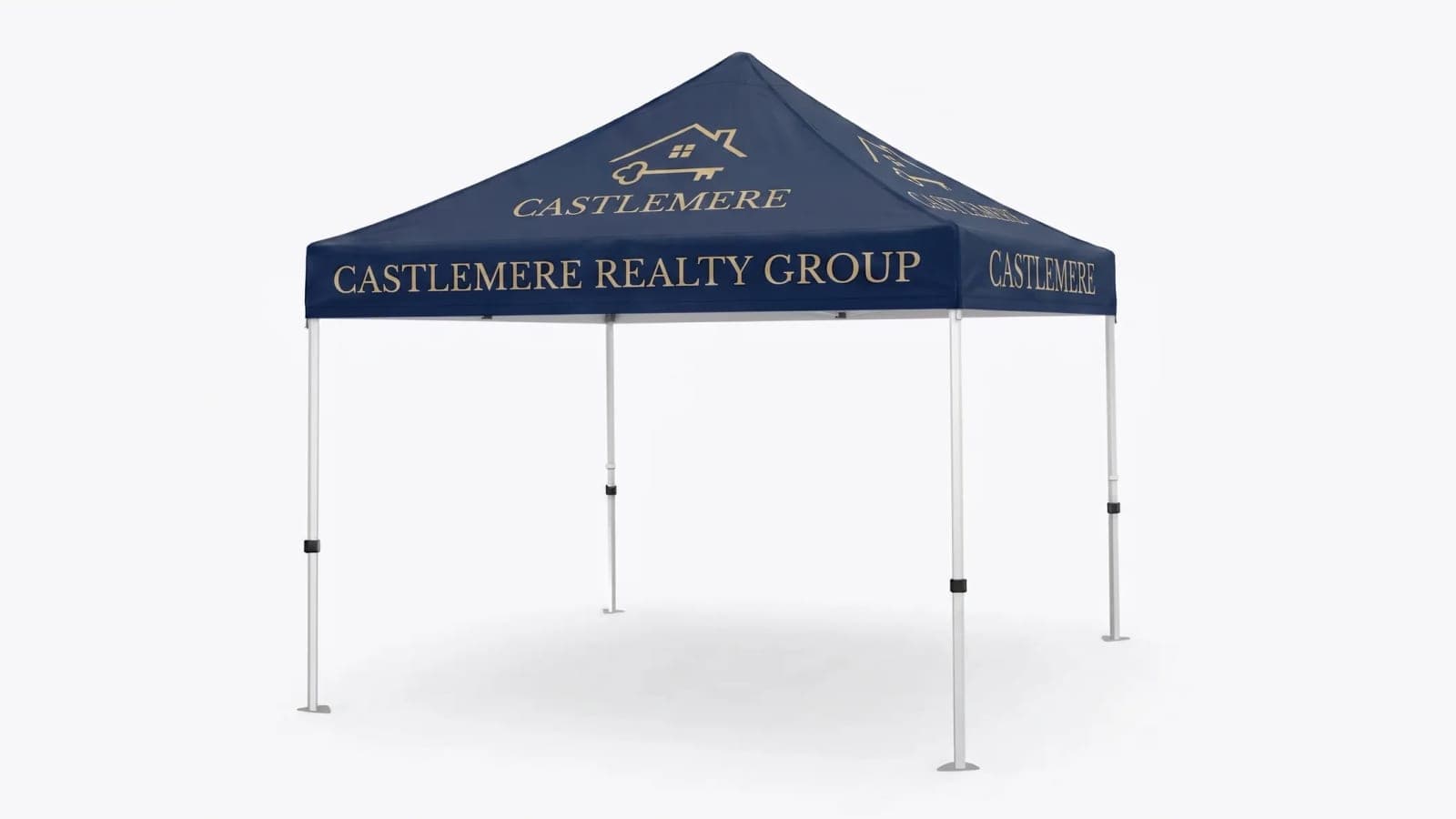 Custom printed 10 x 10 canopy tent standing on four extended frame legs
