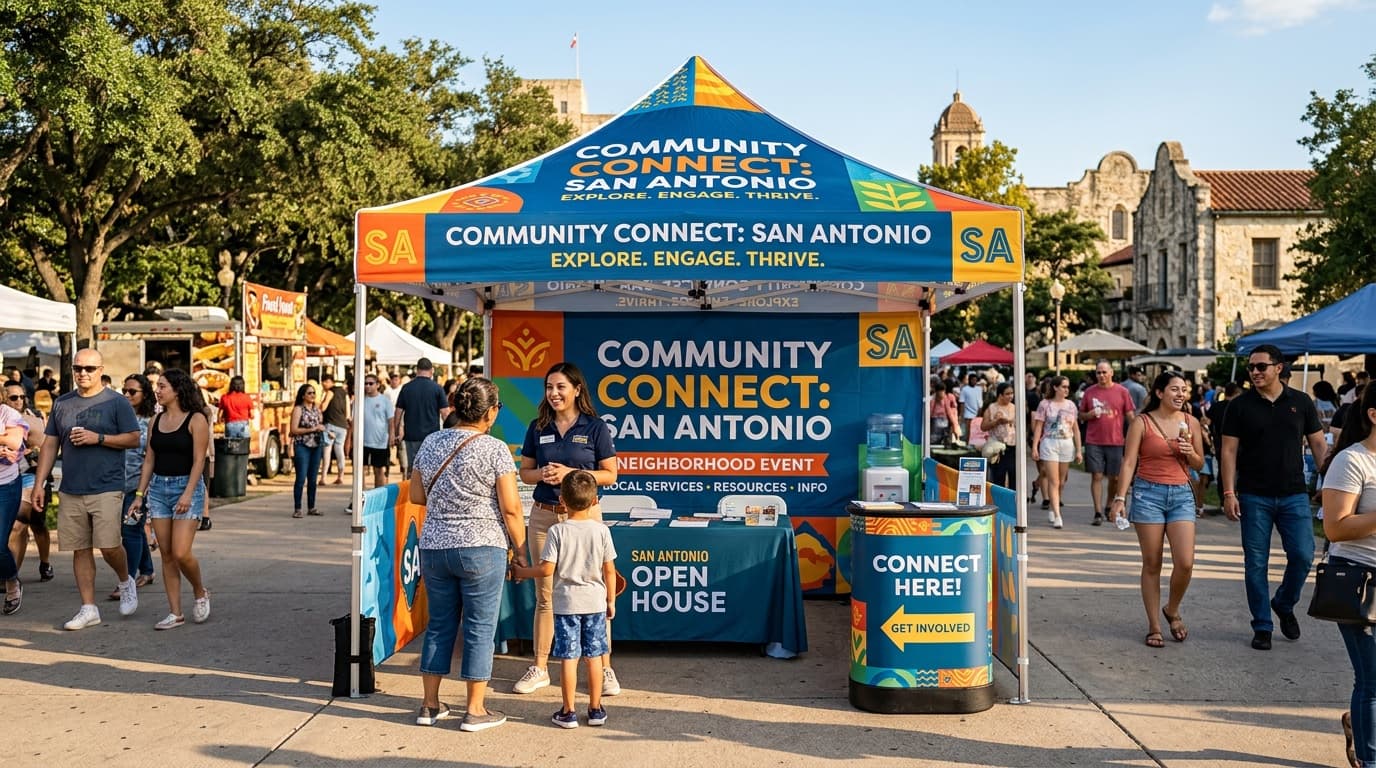 10x10 custom-printed canopy tent with dye-sublimation graphics at a San Antonio outdoor open house event