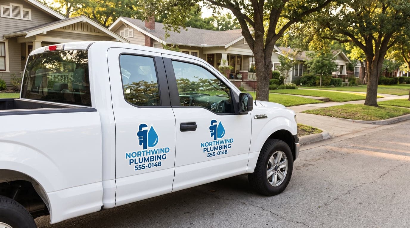 A white work pickup with a matching pair of contour cut plumbing company door decals, parked on a residential street