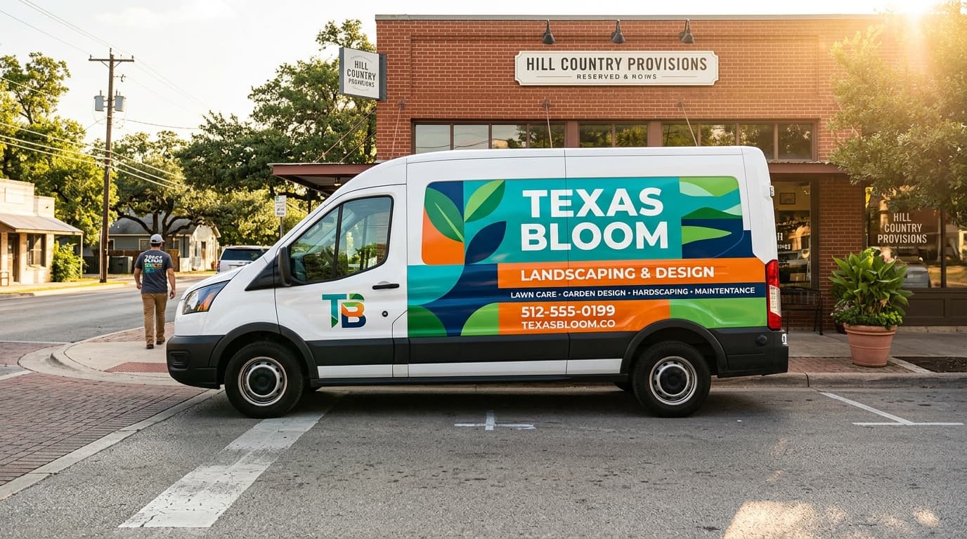 White service van wrapped with bold full-color vinyl decal graphics parked outside a San Antonio storefront