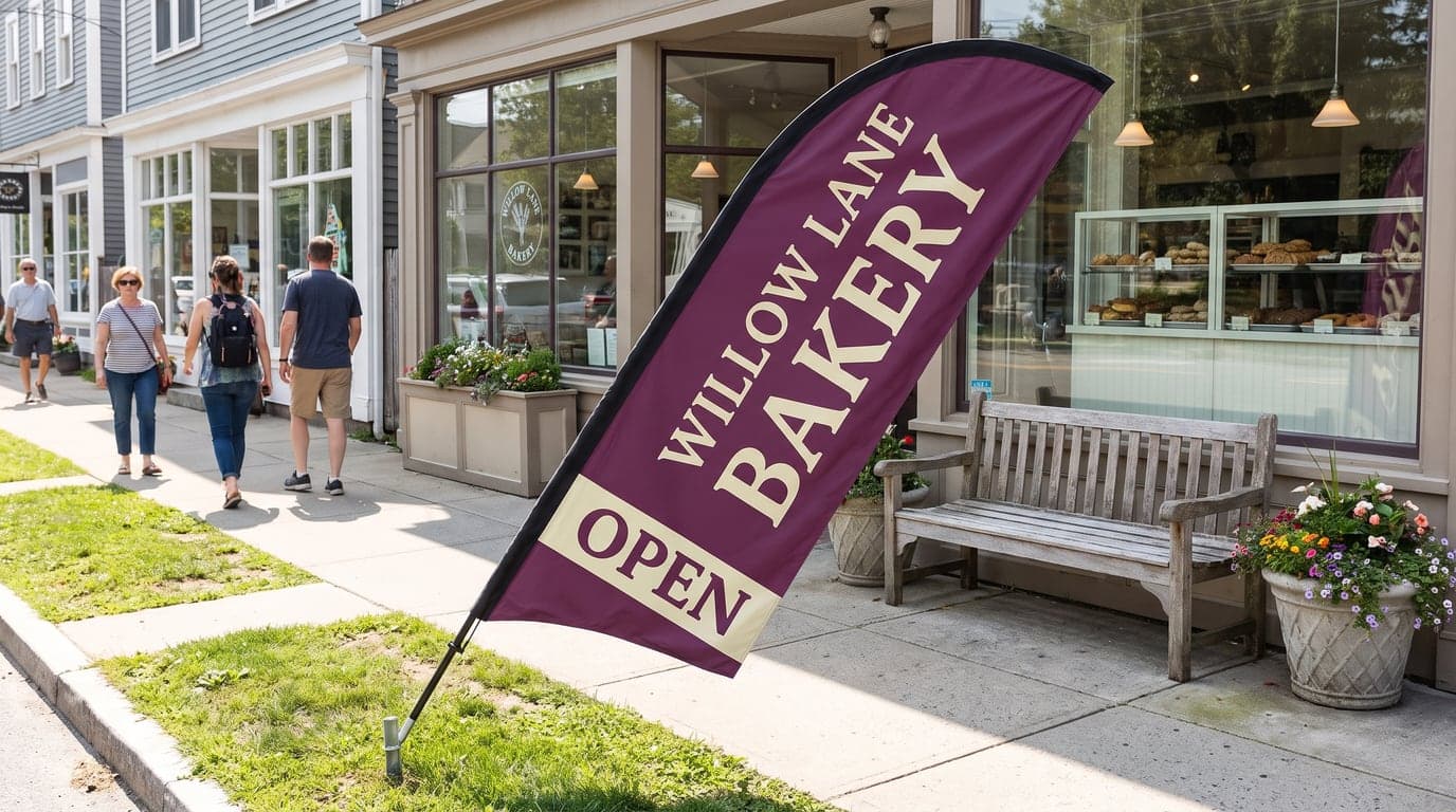 A 14 ft plum feather flag for a bakery on a ground stake in the grass outside the storefront