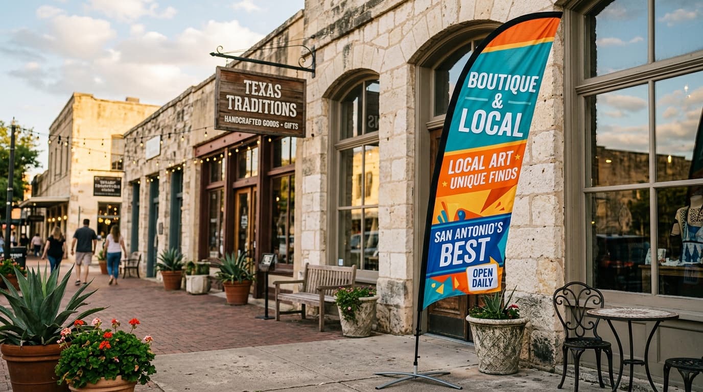 Tall custom-printed feather flag waving outside a San Antonio storefront under blue sky