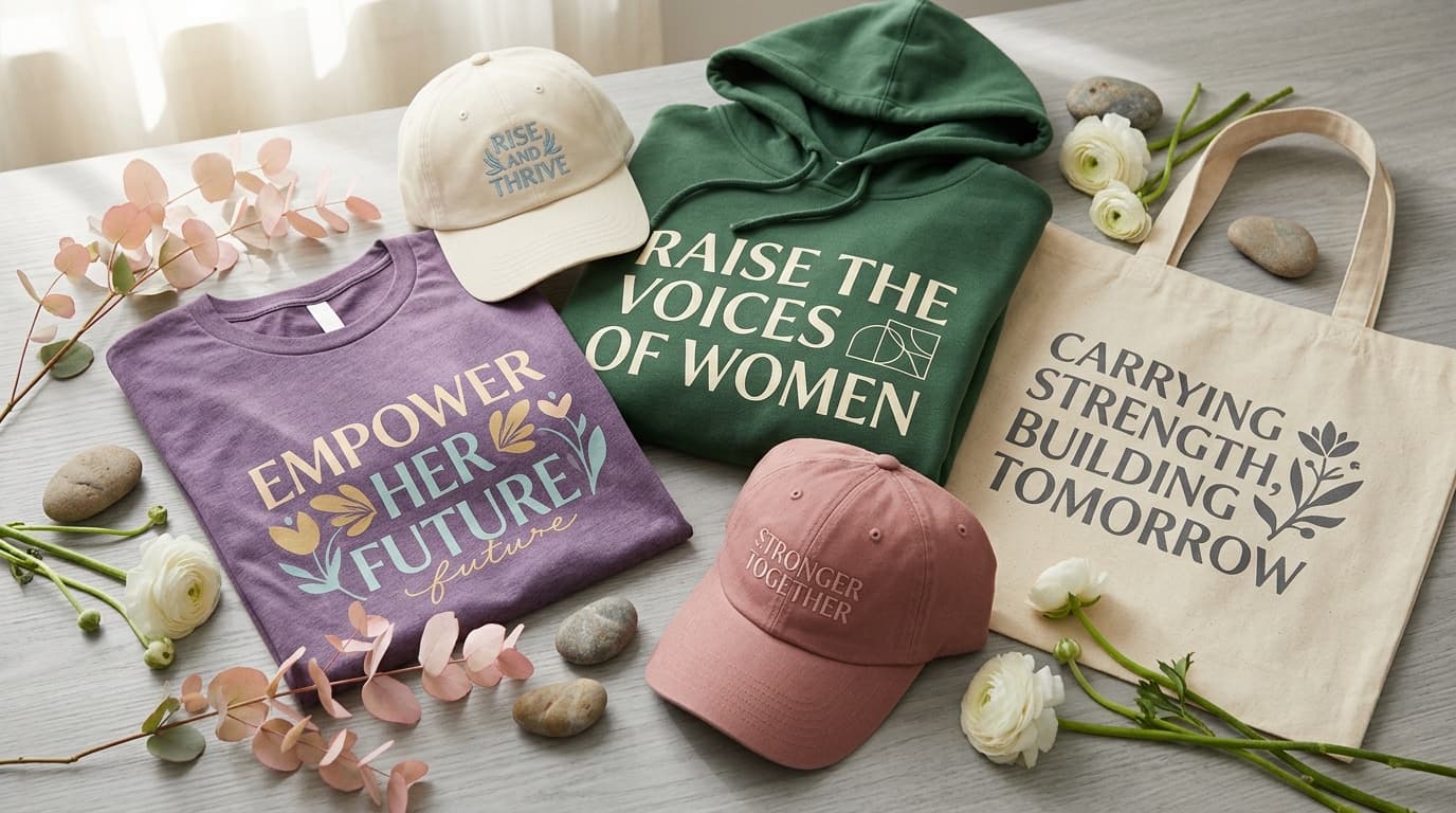 Custom-printed Women's Day apparel including t-shirts, tote bags, hoodies, and embroidered caps with floral accents