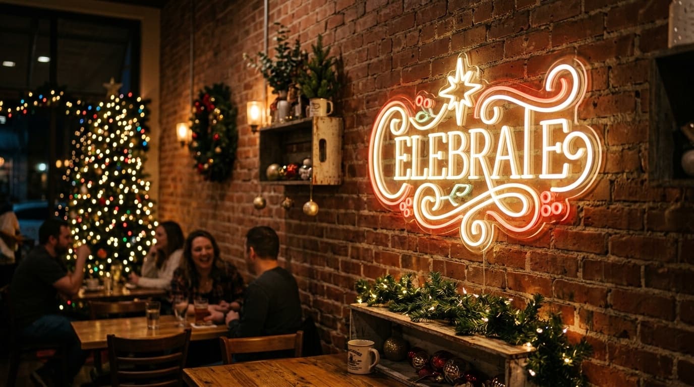 Custom LED neon Christmas sign glowing red and white in a festive San Antonio cafe interior