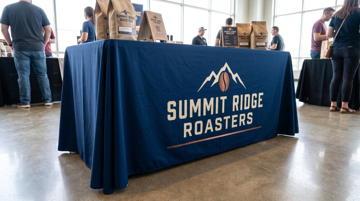 A navy 6 ft table throw printed with a coffee roaster logo, draped over a folding table at an indoor event