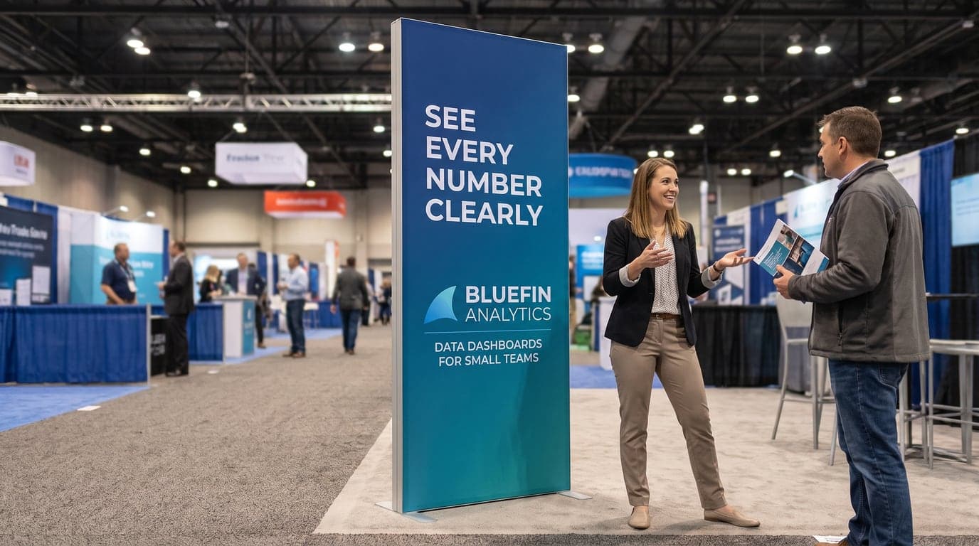 A flat 36 x 90 in tension fabric pop up display carrying an analytics company graphic in a trade show booth