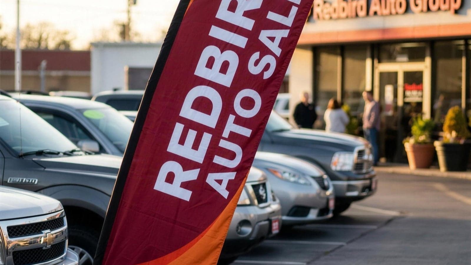 A row of custom printed feather flags standing in front of a showroom entrance
