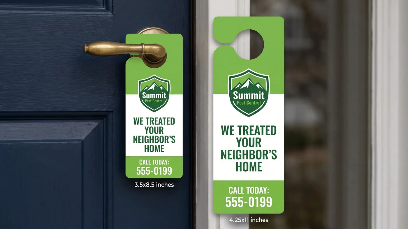 Two full color Summit Pest Control die cut door hangers hanging from a lever handle on a dark blue front door, one 3.5 x 8.5 inches and one 4.25 x 11 inches