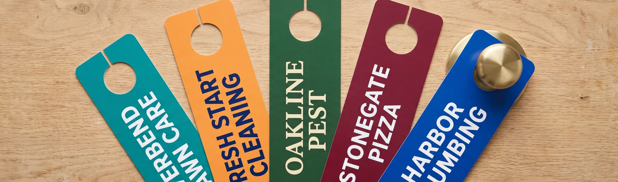 Five full color die cut door hangers for businesses fanned across a pale oak table, each with a round knob hole and a slit running to the top edge, beside a brass door knob