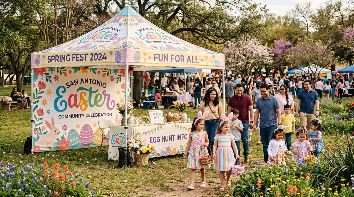 Custom-printed 10x10 canopy tent set up for a San Antonio Easter community event with families gathering
