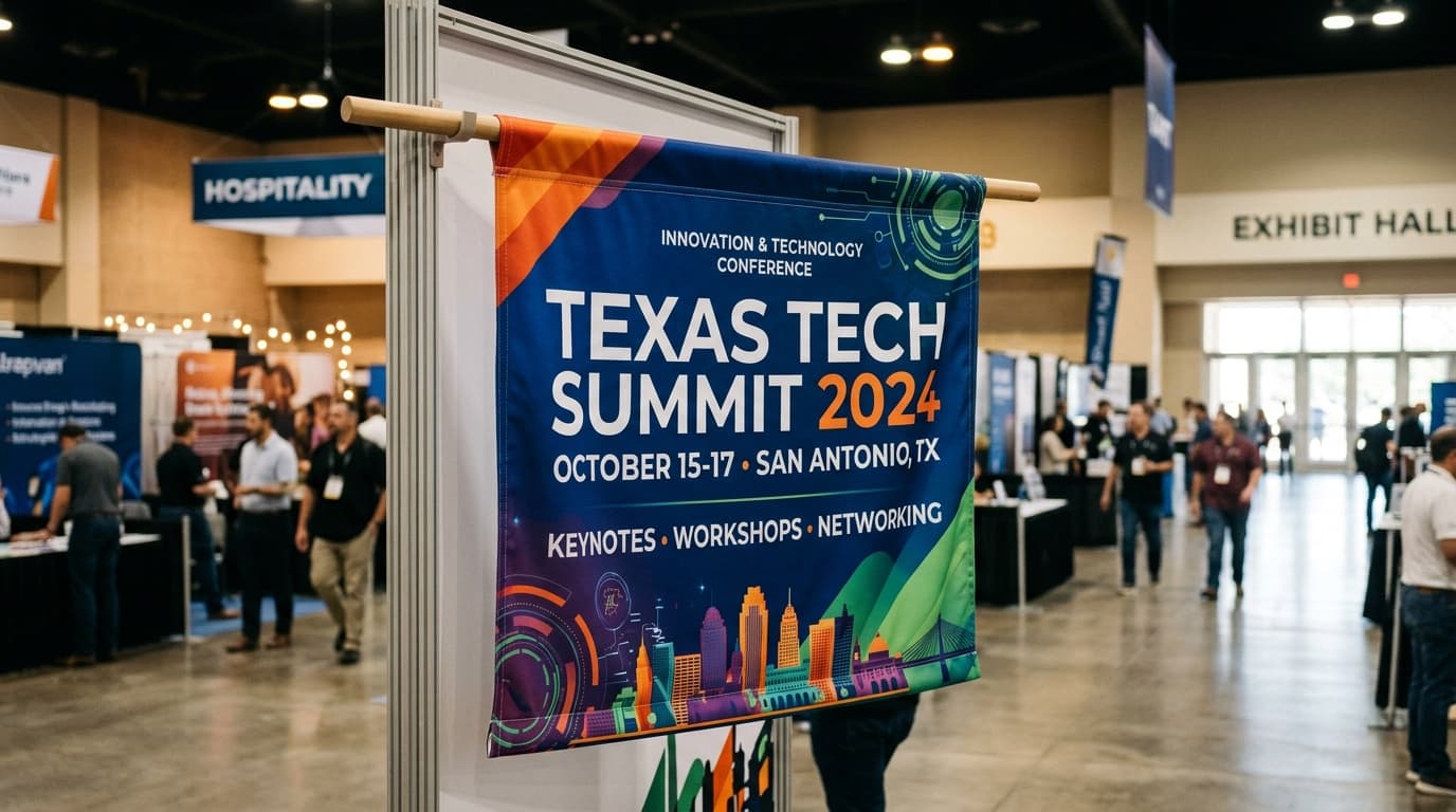Dye-sublimation printed polyester fabric banner with pole pocket hanging at a San Antonio event hall
