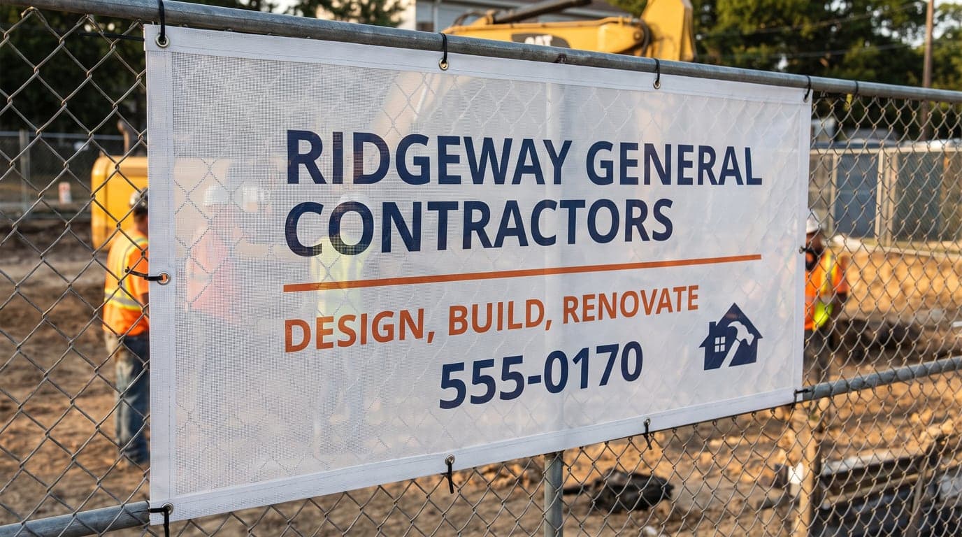 A grommeted mesh banner for a general contractor zip tied to a chain link fence at a construction site