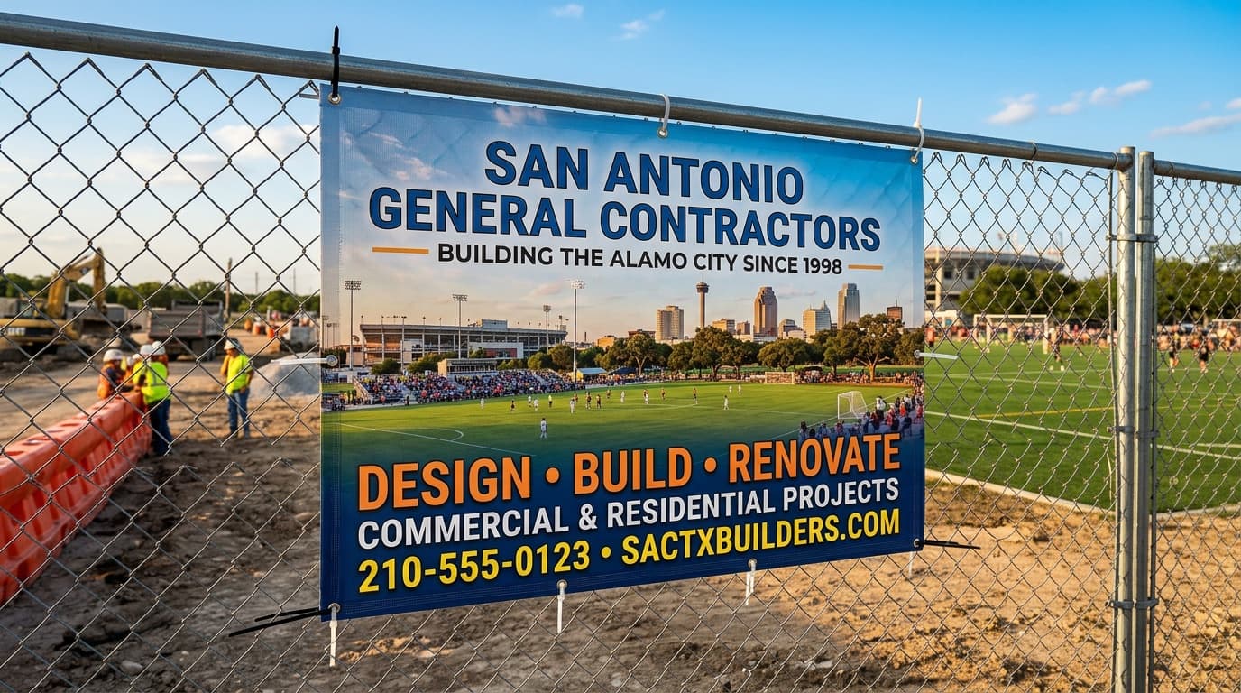 Large mesh vinyl fence banner zip-tied to a chain-link fence at a San Antonio job site