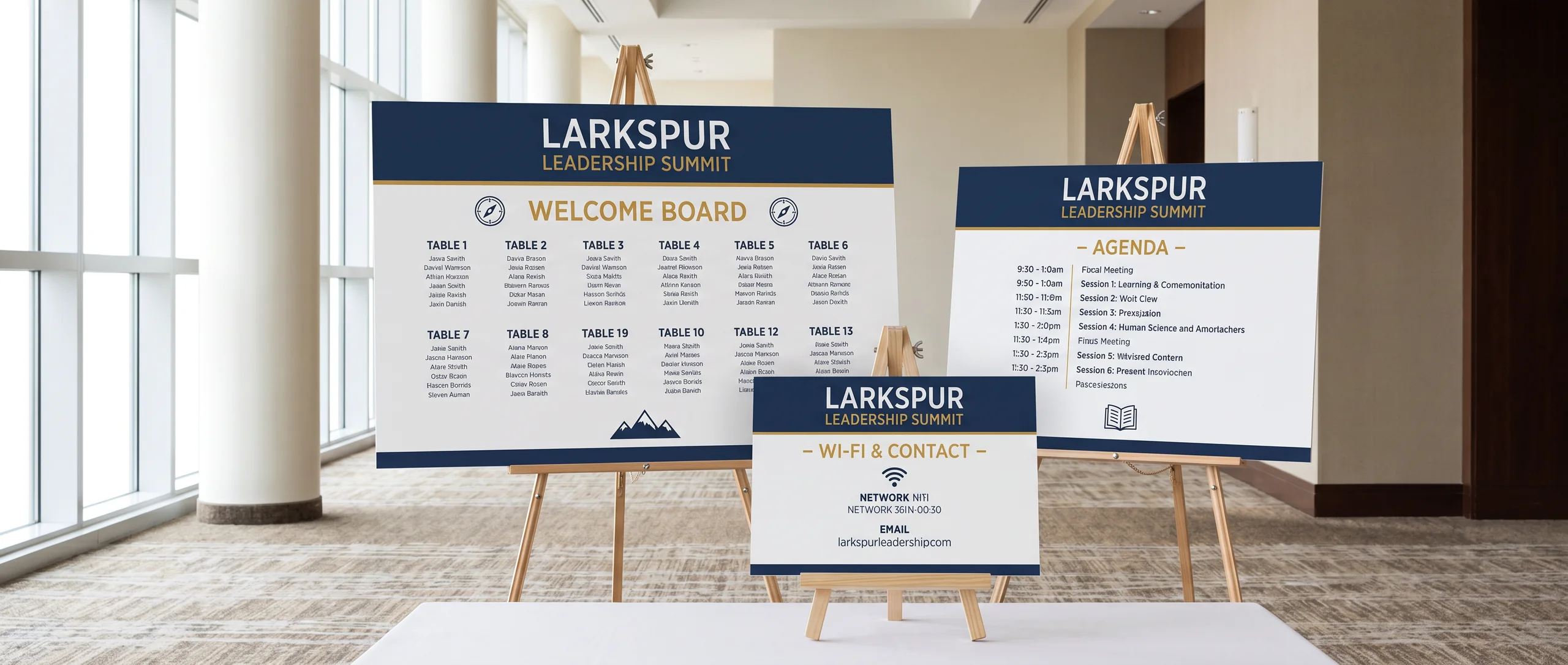 Three navy and gold foam board signs in different sizes on wooden easels in a bright conference foyer